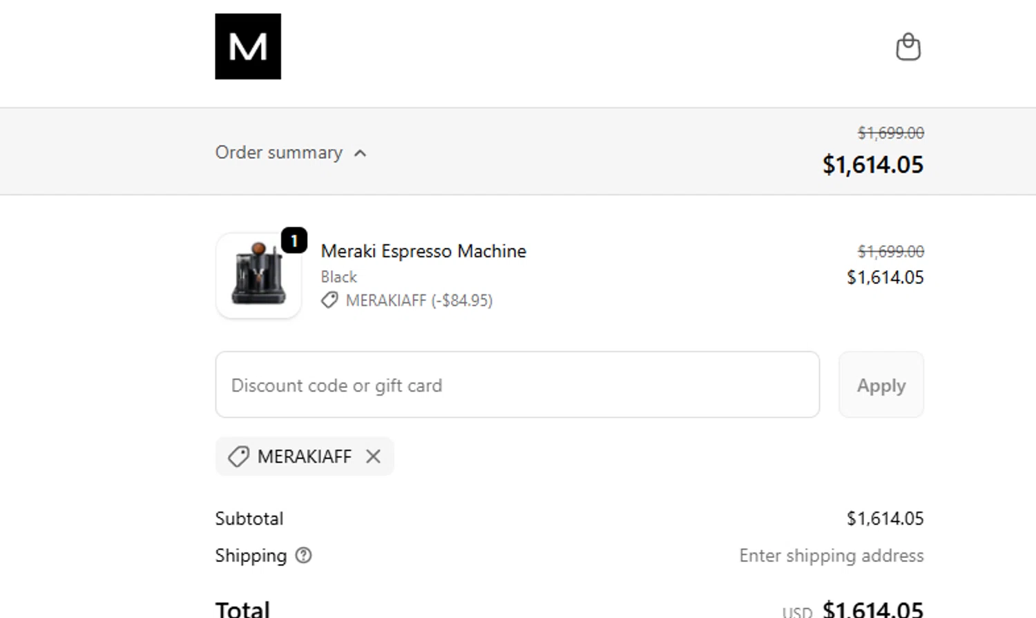 Meraki Espresso promo code screenshot showing code MERAKIAFF applied at Meraki Espresso checkout page. Uploaded by SimplyCodes community member ashe1986 on Nov 11, 2025