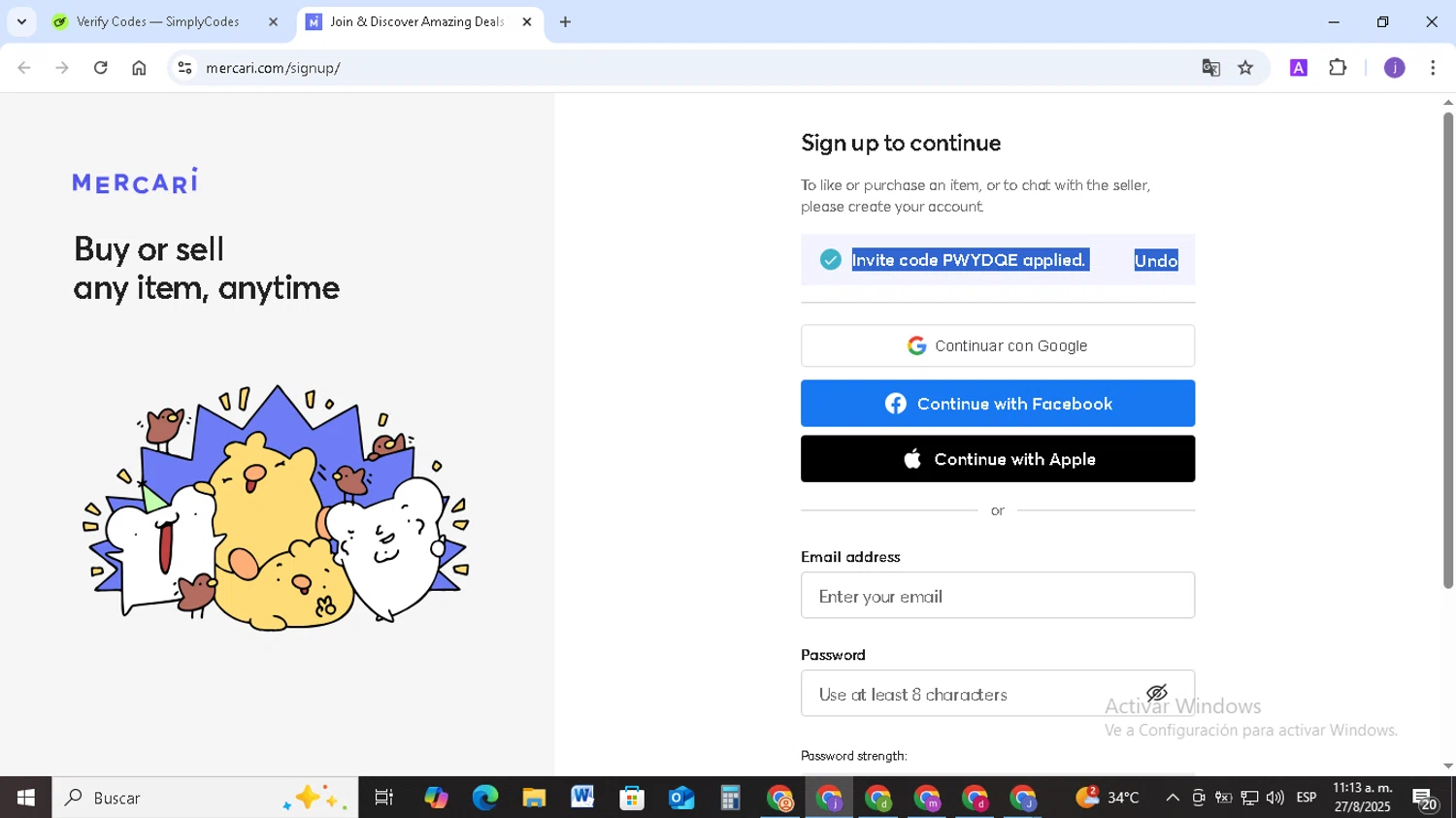 Mercari discount code screenshot showing code PWYDQE applied at Mercari checkout page. Uploaded by SimplyCodes community member TAZ2024 on Aug 27, 2025