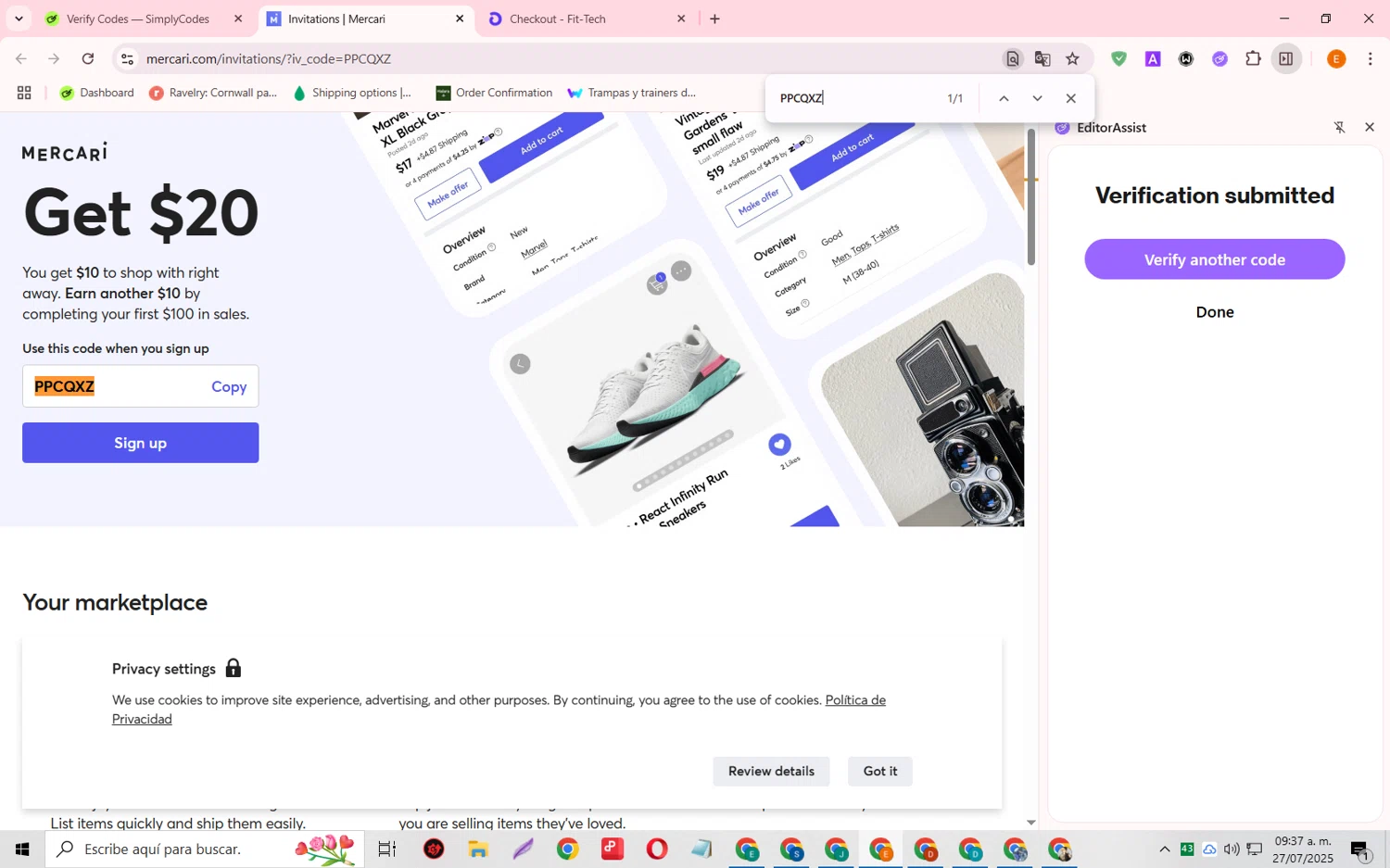Mercari discount code screenshot showing code PPCQXZ applied at Mercari checkout page. Uploaded by SimplyCodes community member RewardFalcon3197 on Jul 27, 2025