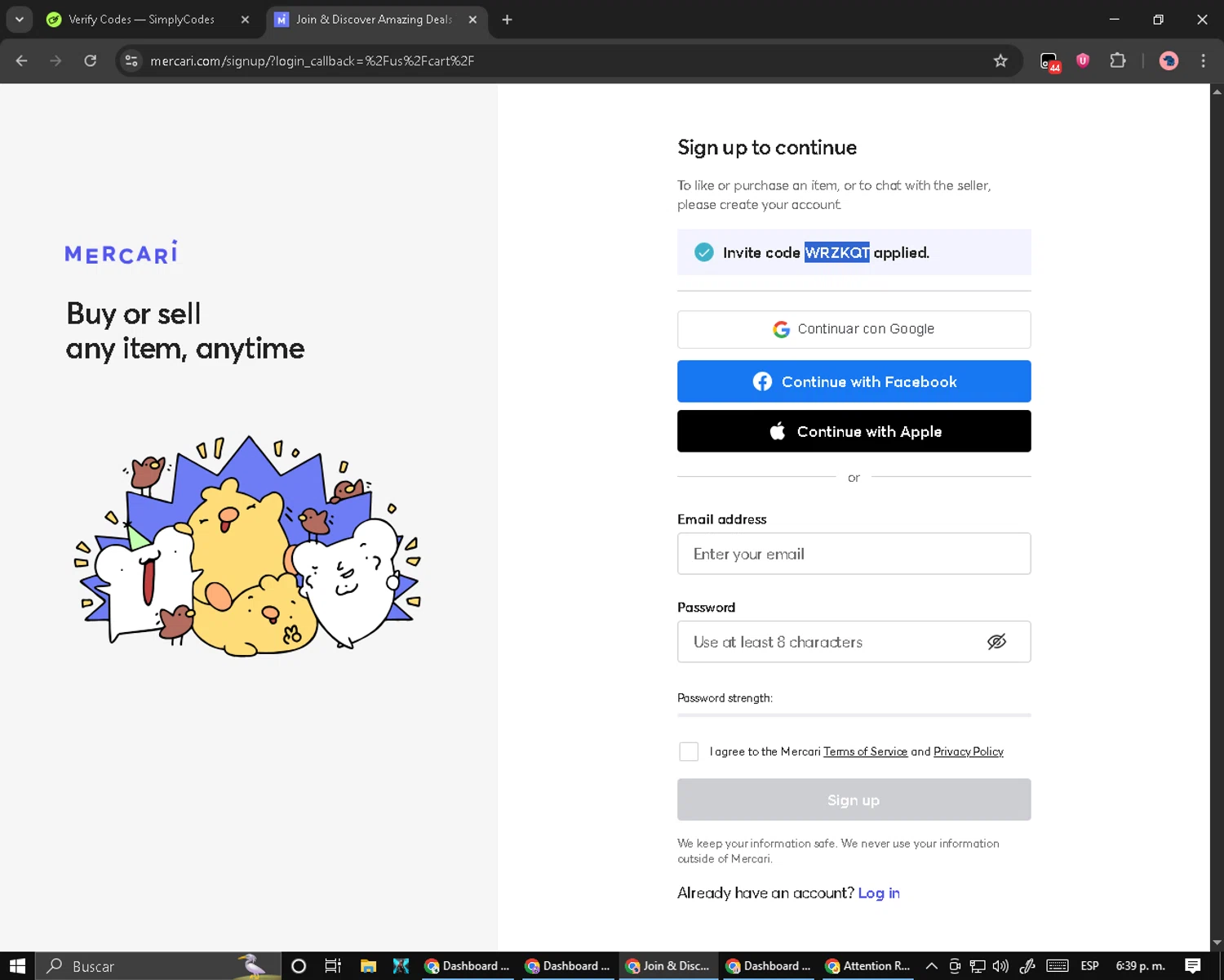 Mercari discount code screenshot showing code WRZKQT applied at Mercari checkout page. Uploaded by SimplyCodes community member Cynoxx on Aug 29, 2025