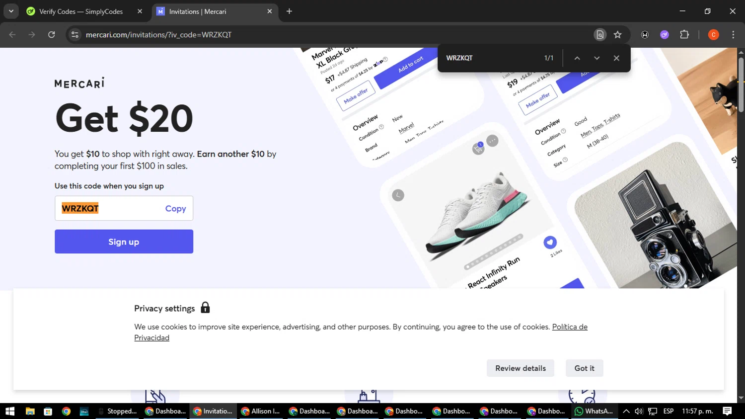 Mercari discount code screenshot showing code WRZKQT applied at Mercari checkout page. Uploaded by SimplyCodes community member NatanaelCano on Aug 13, 2025