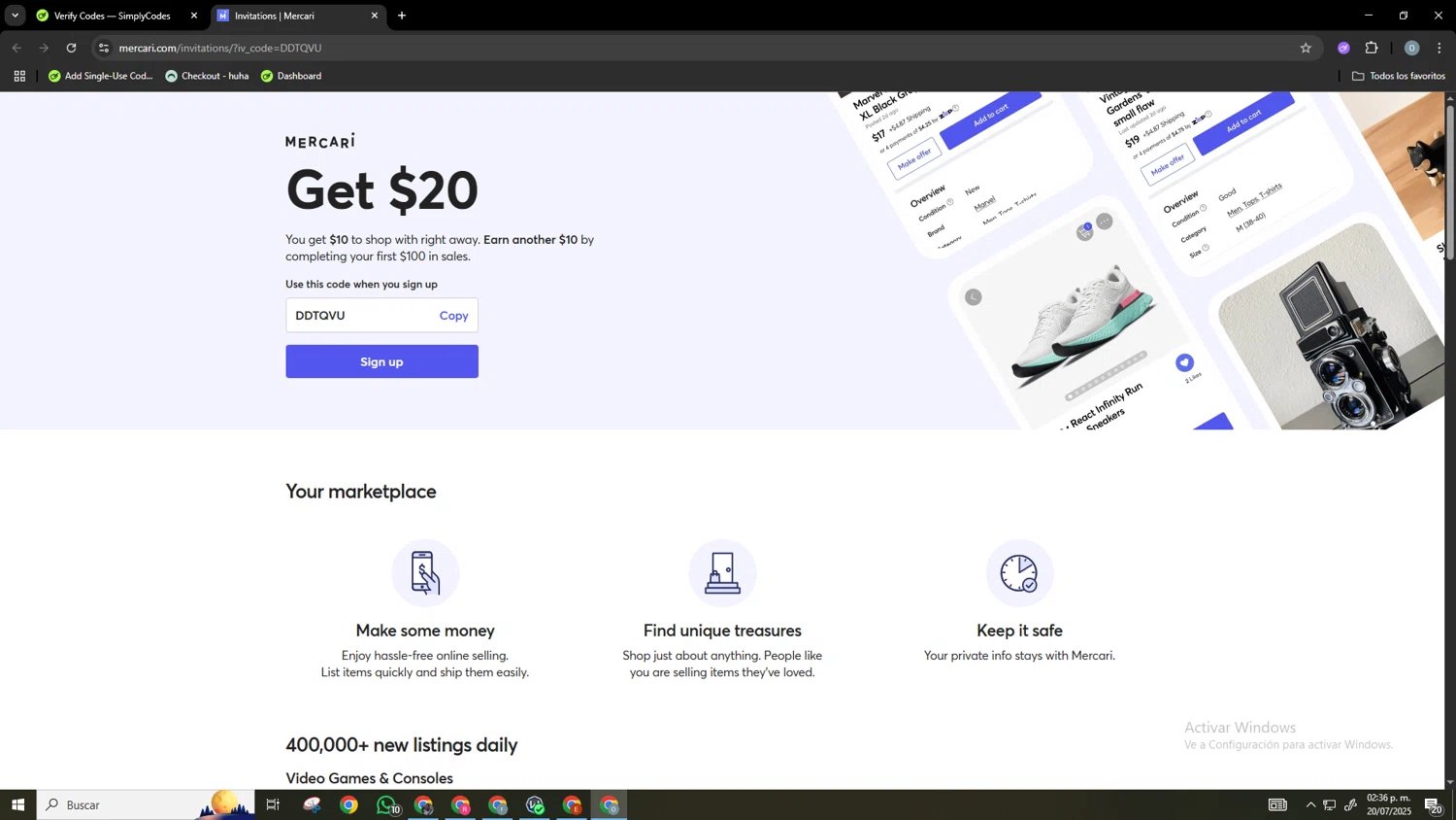 Mercari discount code screenshot showing code DDTQVU applied at Mercari checkout page. Uploaded by SimplyCodes community member Neonvalo on Jul 20, 2025