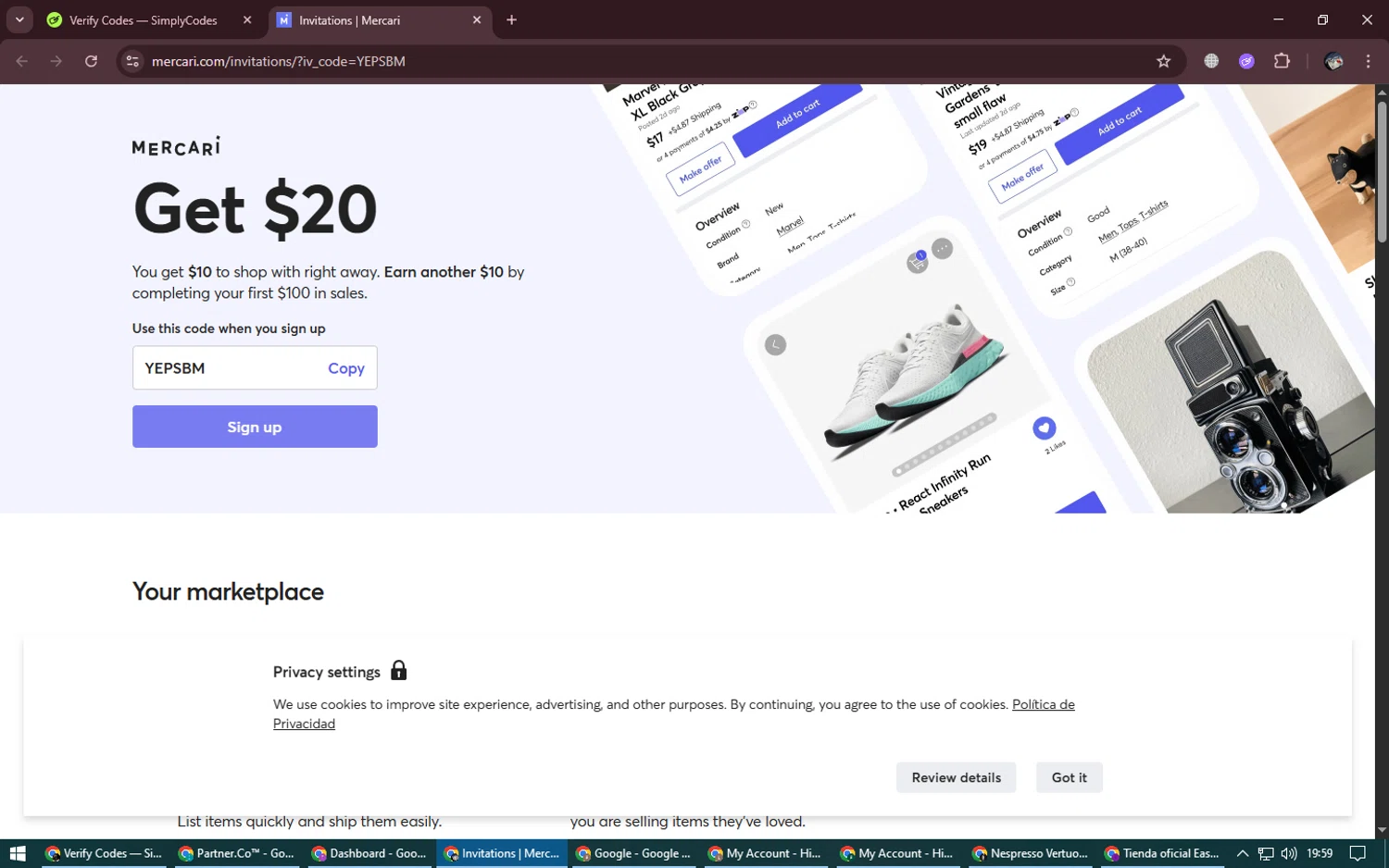 Mercari discount code screenshot showing code YEPSBM applied at Mercari checkout page. Uploaded by SimplyCodes community member NobleGenius1697 on Aug 26, 2025