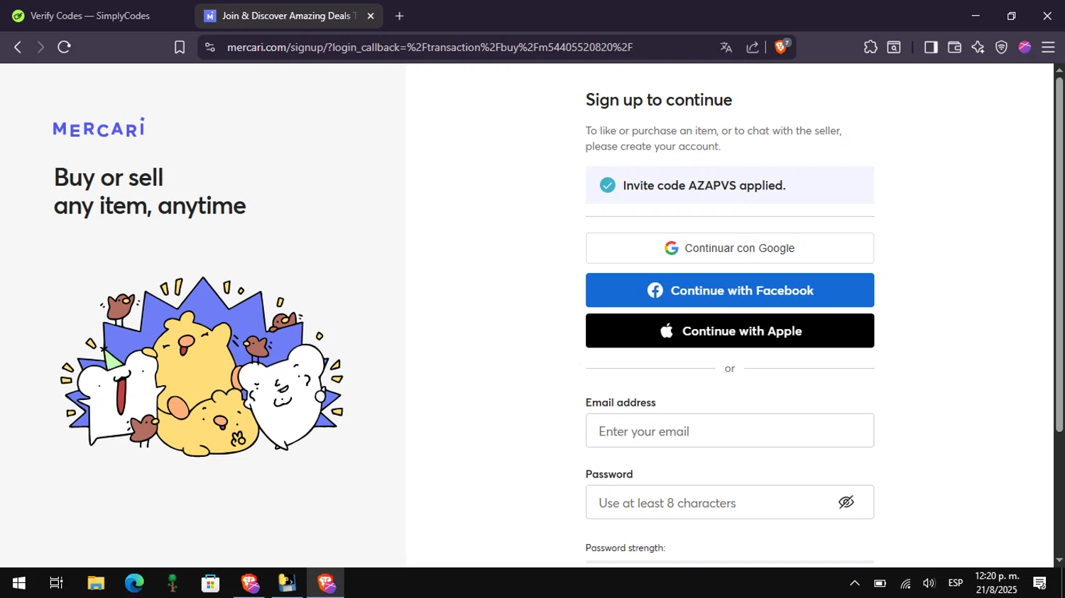 Mercari discount code screenshot showing code AZAPVS applied at Mercari checkout page. Uploaded by SimplyCodes community member Mangoverde on Aug 21, 2025