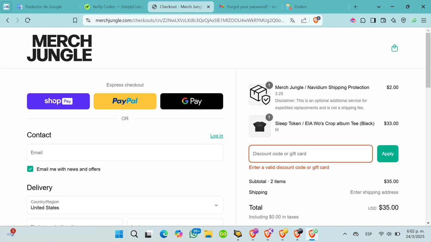 Merch Jungle discount code screenshot showing code HJWQVRV9 applied at Merch Jungle checkout page. Uploaded by SimplyCodes community member nikkis on Mar 24, 2025