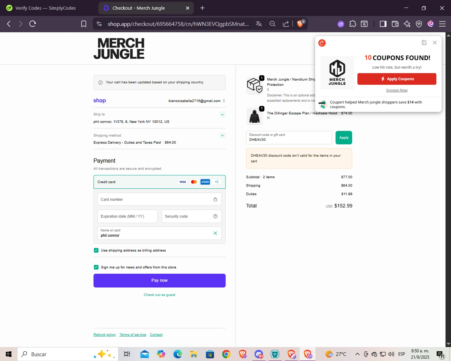 Merch Jungle checkout page showing Merch Jungle discount code box | Screenshot taken by SimplyCodes community member on Sep 21, 2025
