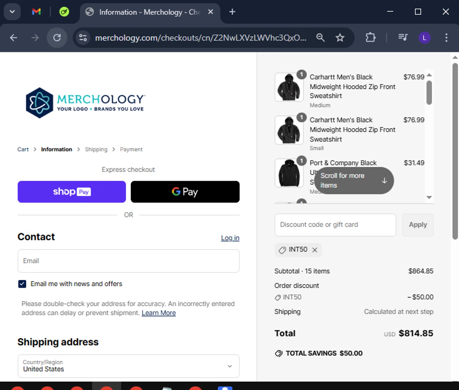 Merchology discount code screenshot showing code INT50 applied at Merchology checkout page. Uploaded by SimplyCodes community member CoinElite8726 on Mar 21, 2025