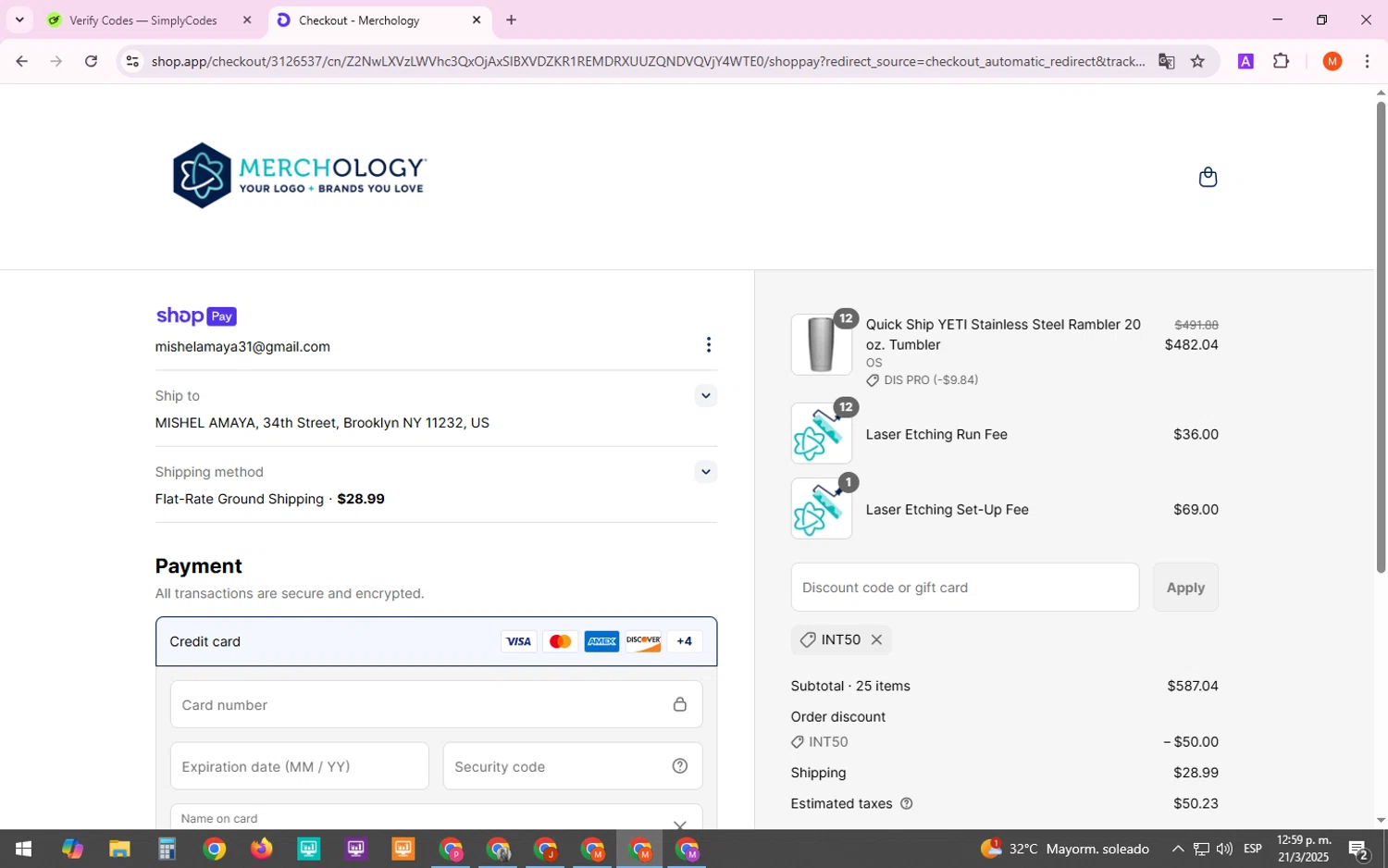 Merchology discount code screenshot showing code INT50 applied at Merchology checkout page. Uploaded by SimplyCodes community member TreasureTracker4321 on Mar 21, 2025
