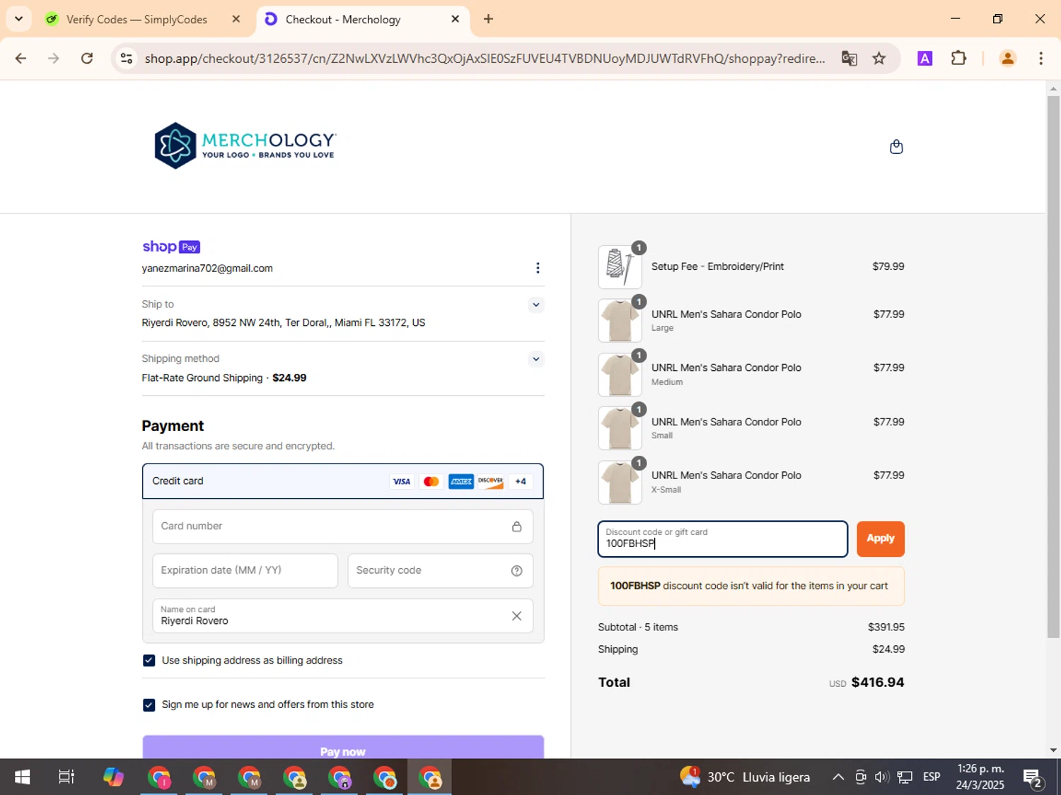 Merchology discount code screenshot showing code 100FBHSP applied at Merchology checkout page. Uploaded by SimplyCodes community member TreasurePro466 on Mar 24, 2025