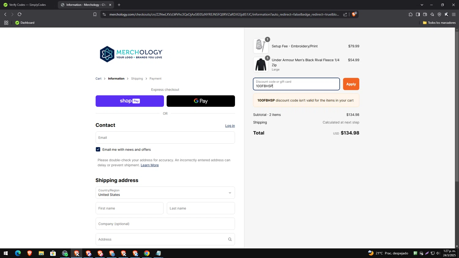 Merchology discount code screenshot showing code 100FBHSP applied at Merchology checkout page. Uploaded by SimplyCodes community member genesisgafaro on Mar 24, 2025