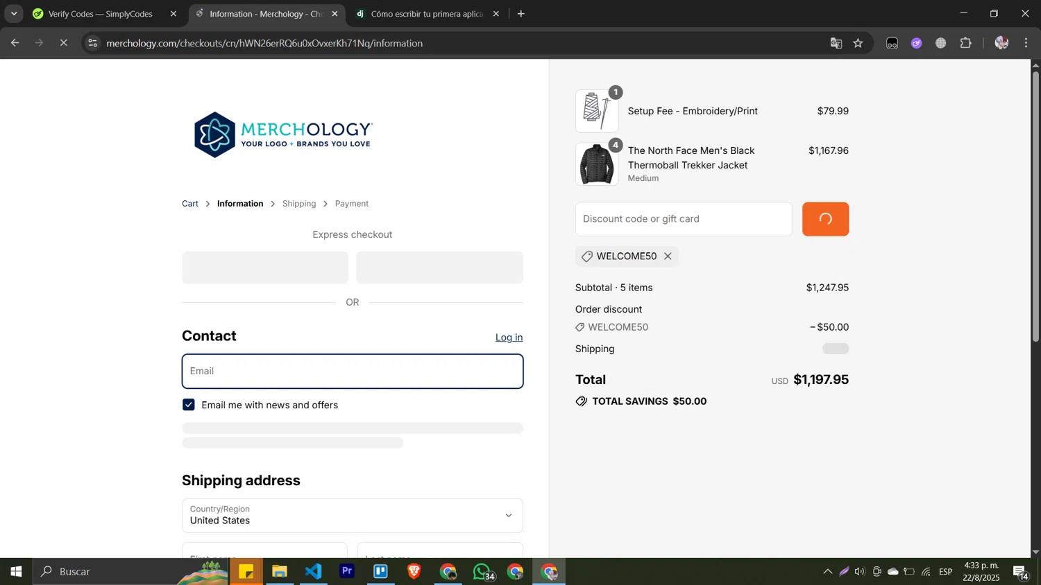 Merchology discount code screenshot showing code WELCOME50 applied at Merchology checkout page. Uploaded by SimplyCodes community member Pansito on Aug 22, 2025
