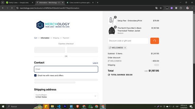 Merchology checkout page showing Merchology discount code box | Screenshot taken by SimplyCodes community member on Aug 22, 2025