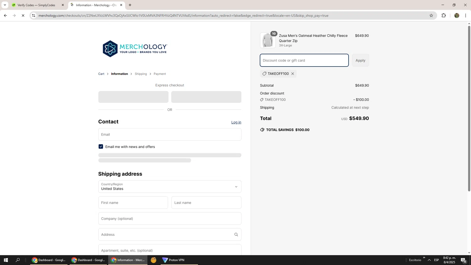 Merchology discount code screenshot showing code TAKEOFF100 applied at Merchology checkout page. Uploaded by SimplyCodes community member Phoenix585 on Apr 9, 2025