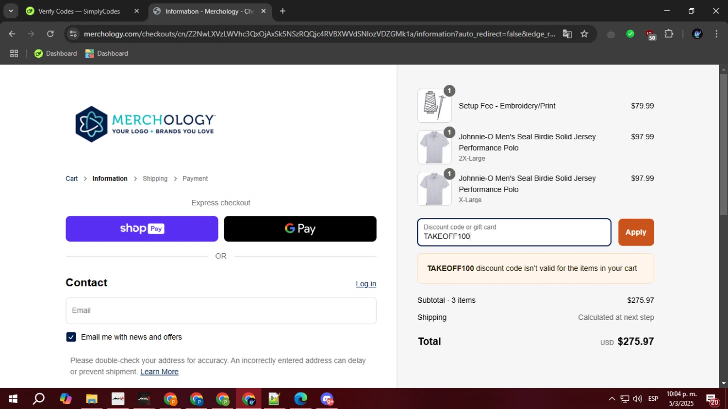 Merchology discount code screenshot showing code TAKEOFF100 applied at Merchology checkout page. Uploaded by SimplyCodes community member BudgetOwl2519 on Mar 6, 2025