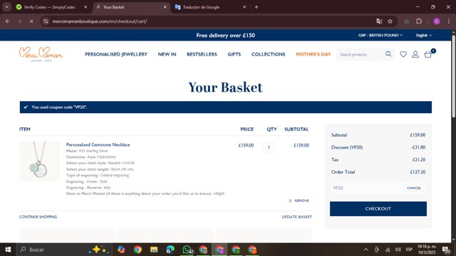 Merci Maman checkout page showing Merci Maman discount code box | Screenshot taken by SimplyCodes community member on May 11, 2025