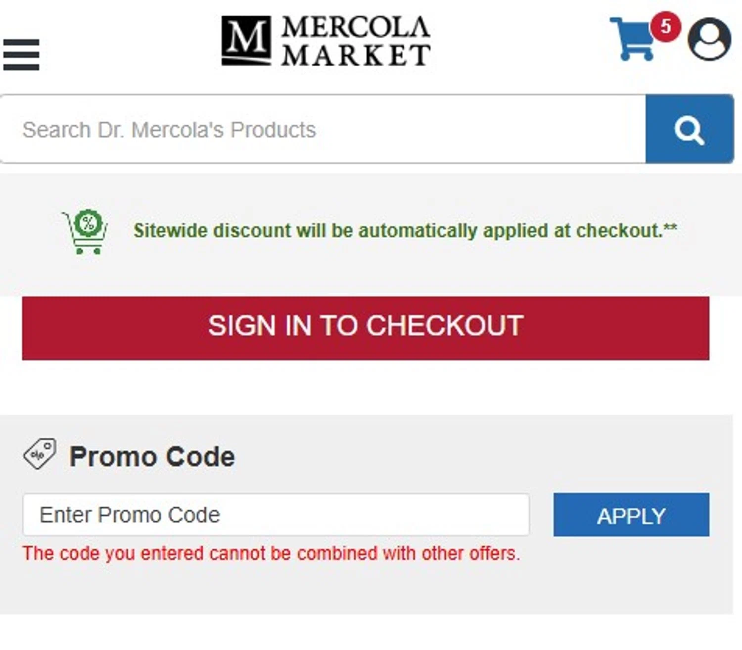 Mercola Market promo code screenshot showing code SAVEME20 applied at Mercola Market checkout page. Uploaded by SimplyCodes community member MariaRoma on Jan 5, 2026