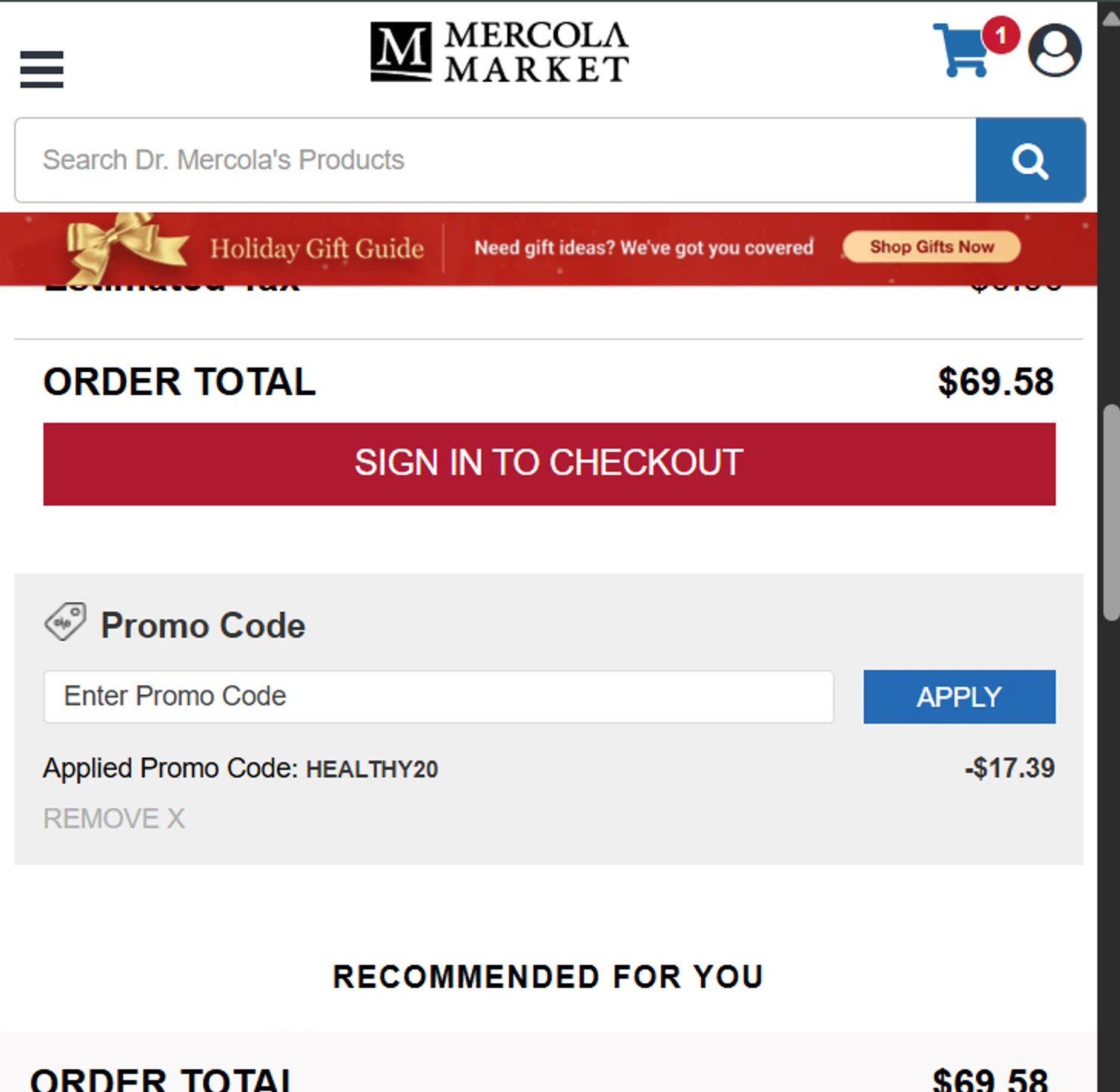Mercola Market promo code screenshot showing code HEALTHY20 applied at Mercola Market checkout page. Uploaded by SimplyCodes community member CleverLynx5188 on Dec 19, 2025