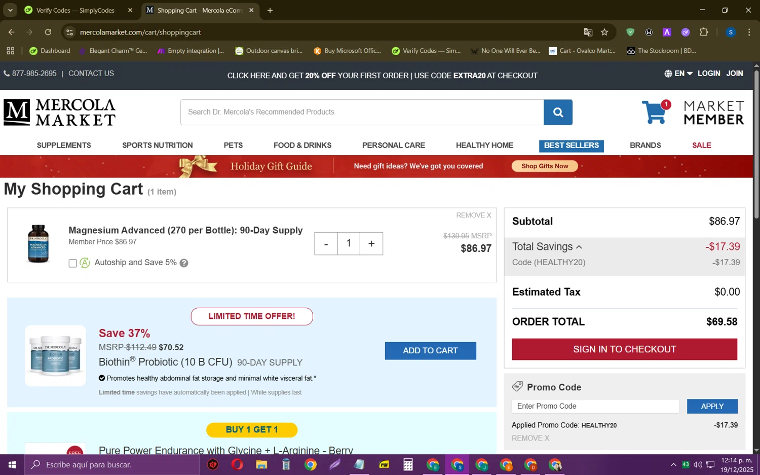 Mercola Market promo code screenshot showing code HEALTHY20 applied at Mercola Market checkout page. Uploaded by SimplyCodes community member CleverOwl2485 on Dec 19, 2025