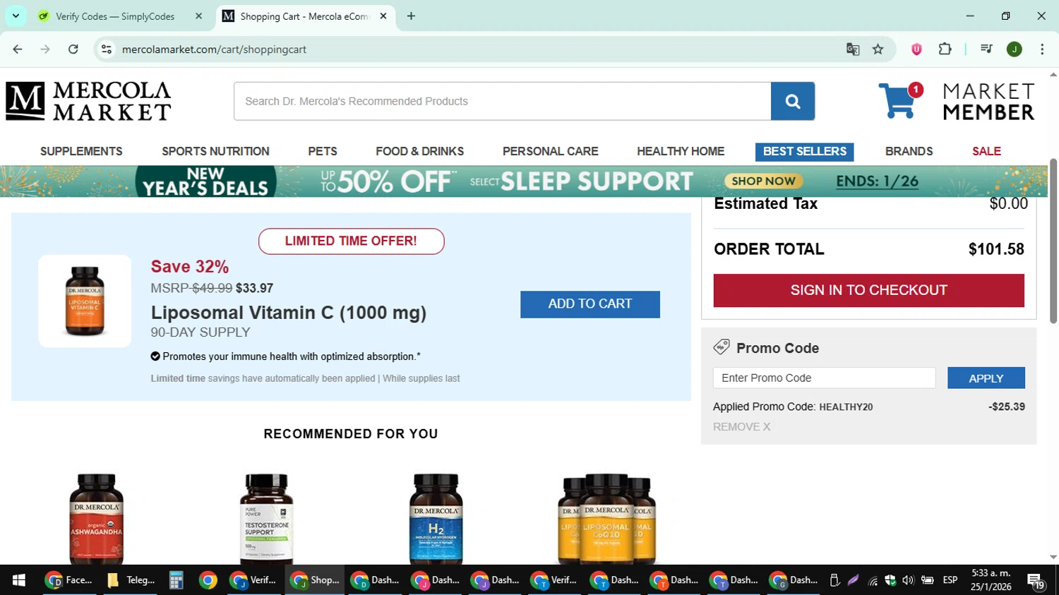 Mercola Market promo code screenshot showing code HEALTHY20 applied at Mercola Market checkout page. Uploaded by SimplyCodes community member ShieldFinder369 on Jan 25, 2026