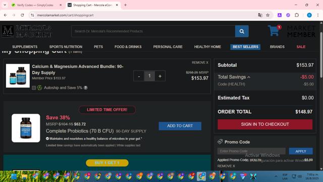 Mercola Market checkout page showing Mercola Market promo code box | Screenshot taken by SimplyCodes community member on Aug 16, 2025