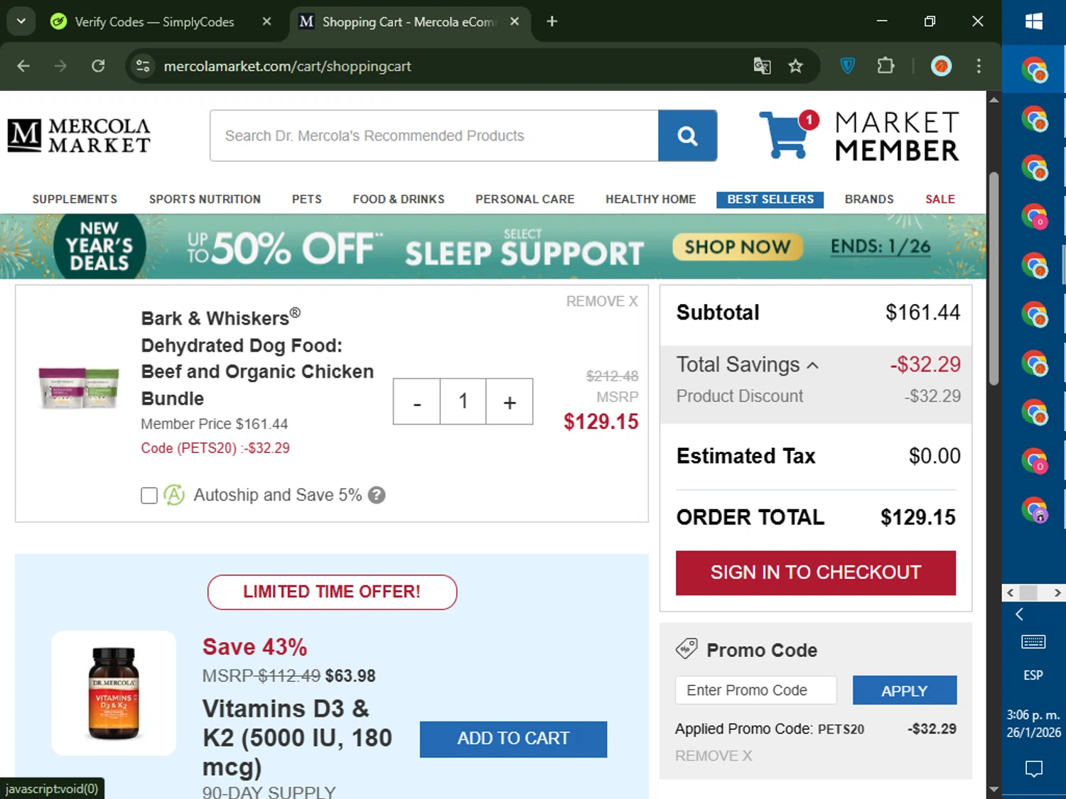 Mercola Market promo code screenshot showing code PETS20 applied at Mercola Market checkout page. Uploaded by SimplyCodes community member DealTiger9869 on Jan 26, 2026