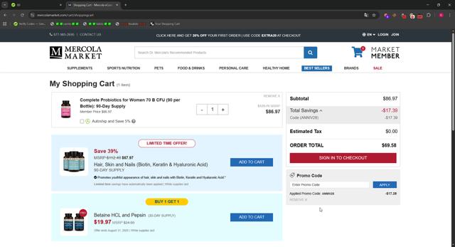 Mercola Market checkout page showing Mercola Market promo code box | Screenshot taken by SimplyCodes community member on Aug 27, 2025