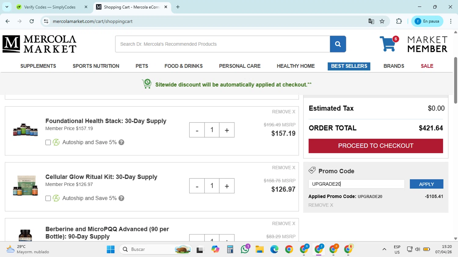 Mercola Market promo code screenshot showing code UPGRADE20 applied at Mercola Market checkout page. Uploaded by SimplyCodes community member FRANCYCASERES12 on Apr 7, 2026