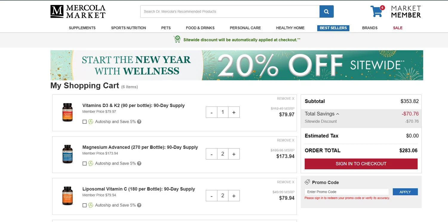 Mercola Market promo code screenshot showing code UPGRADE20 applied at Mercola Market checkout page. Uploaded by SimplyCodes community member Halanweik on Jan 2, 2026