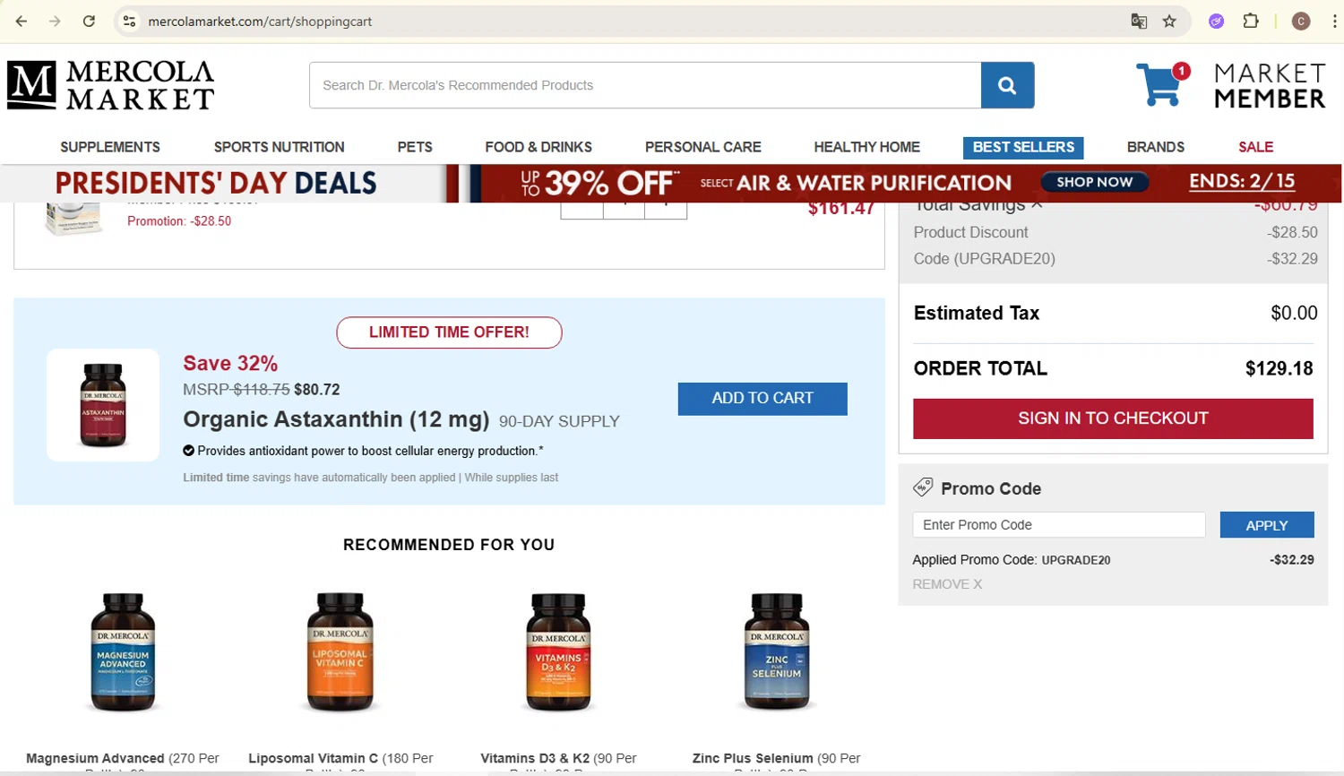 Mercola Market promo code screenshot showing code UPGRADE20 applied at Mercola Market checkout page. Uploaded by SimplyCodes community member carlosra07 on Feb 9, 2026