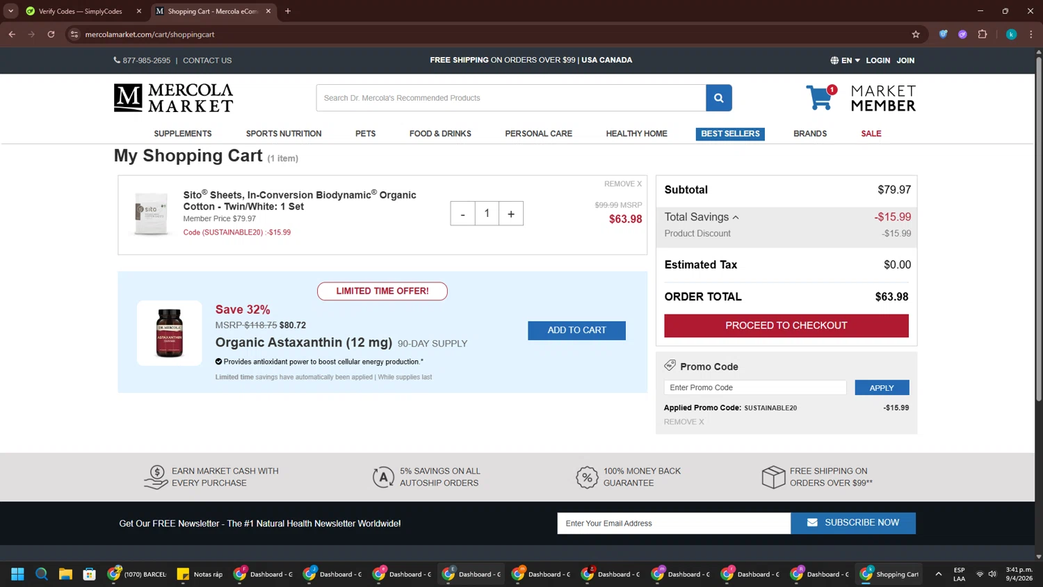 Mercola Market promo code screenshot showing code SUSTAINABLE20 applied at Mercola Market checkout page. Uploaded by SimplyCodes community member RewardKnight9989 on Apr 9, 2026