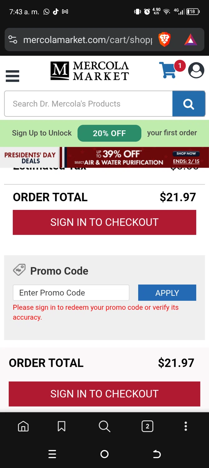 Mercola Market promo code screenshot showing code JAN26 applied at Mercola Market checkout page. Uploaded by SimplyCodes community member TokenAce5969 on Feb 15, 2026