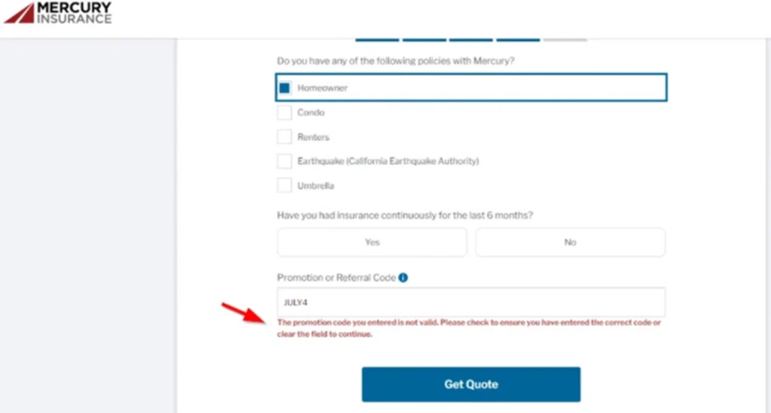 Mercury Insurance promo code screenshot showing code JULY4 applied at Mercury Insurance checkout page. Uploaded by SimplyCodes community member SimplyCVerlie on Feb 28, 2025
