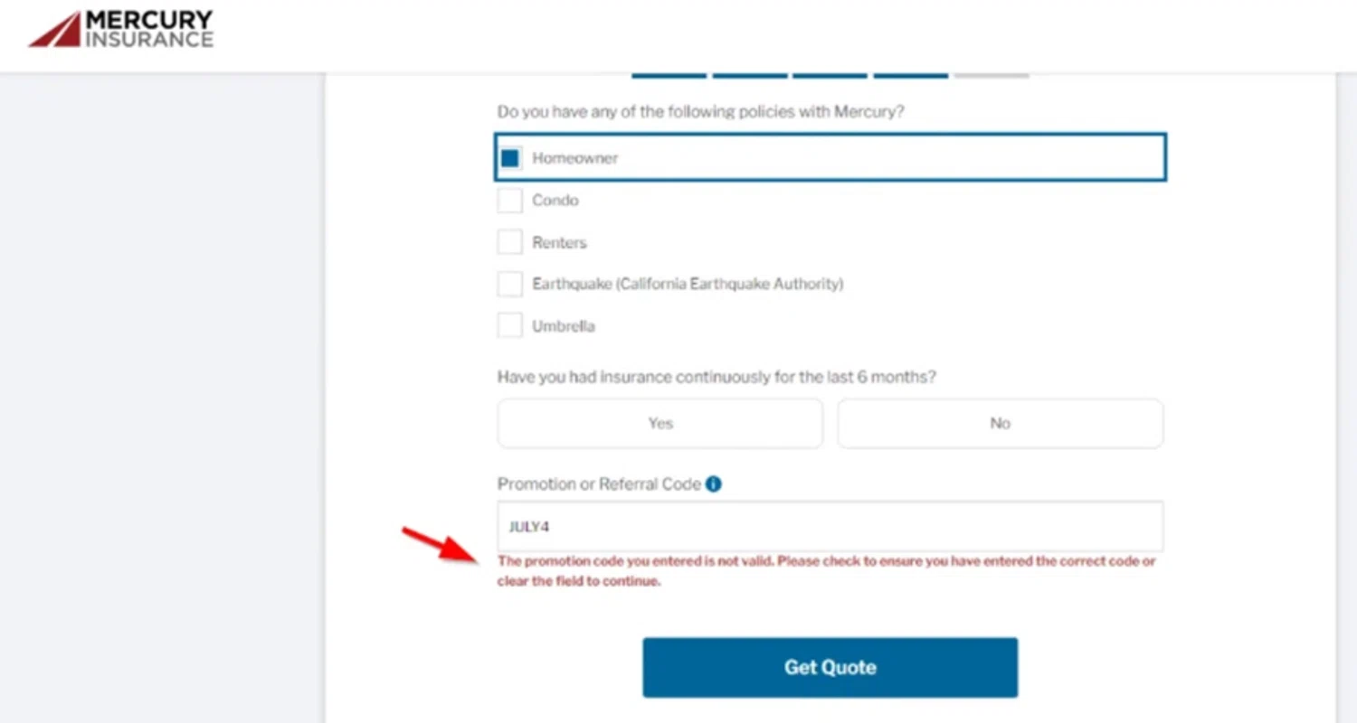 Mercury Insurance promo code screenshot showing code JULY4 applied at Mercury Insurance checkout page. Uploaded by SimplyCodes community member SimplyCVerlie on Feb 12, 2025