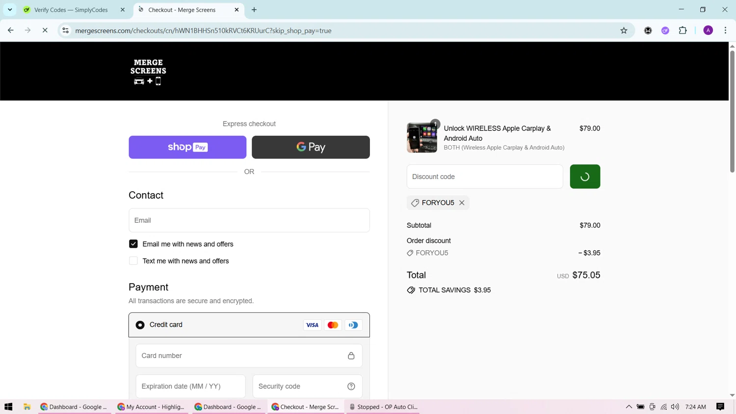 Merge Screens discount code screenshot showing code Foryou5 applied at Merge Screens checkout page. Uploaded by SimplyCodes community member CashChaser7272 on Jul 29, 2025