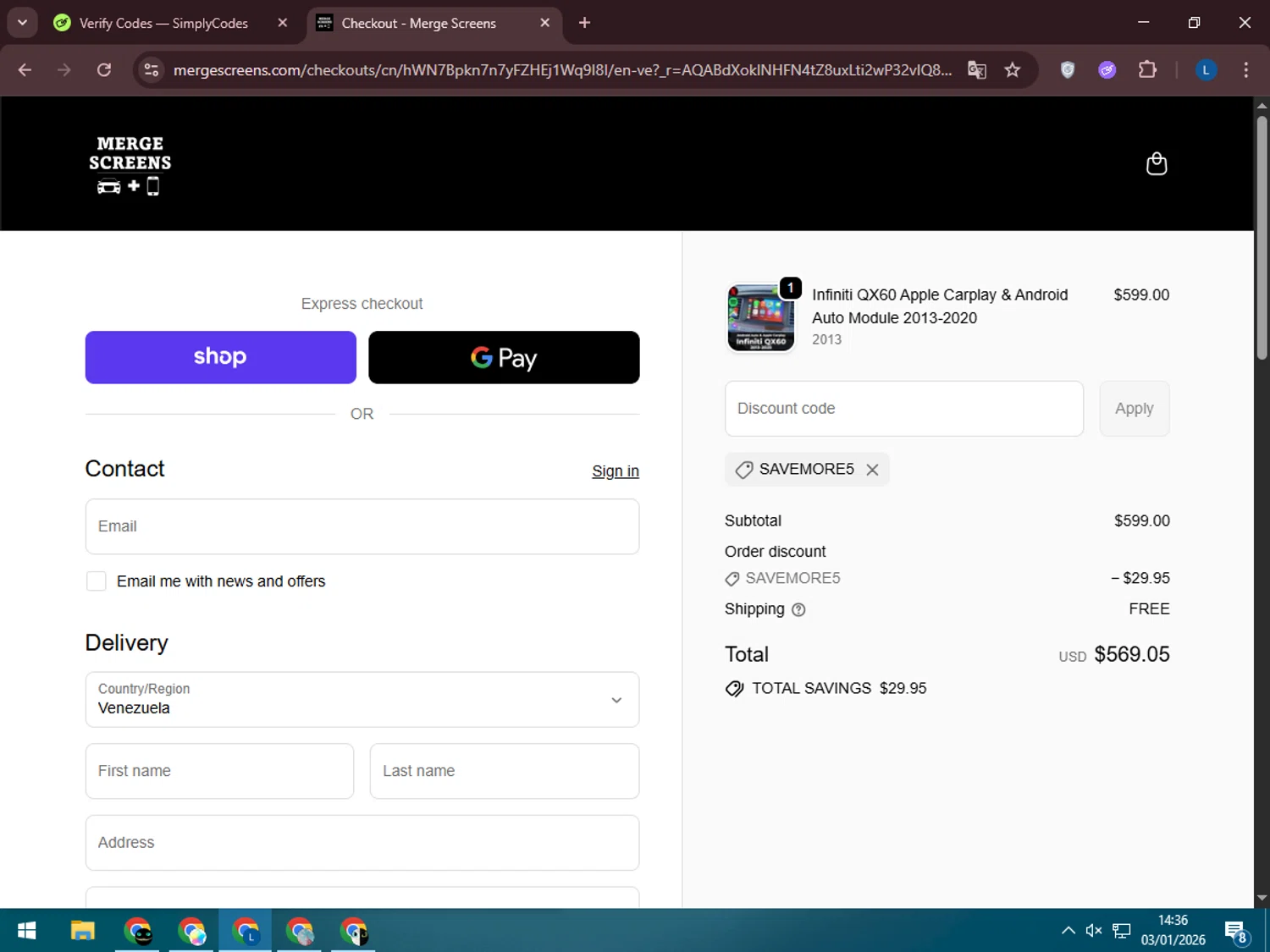 Merge Screens discount code screenshot showing code Savemore5 applied at Merge Screens checkout page. Uploaded by SimplyCodes community member LegendaryLegend5536 on Jan 3, 2026