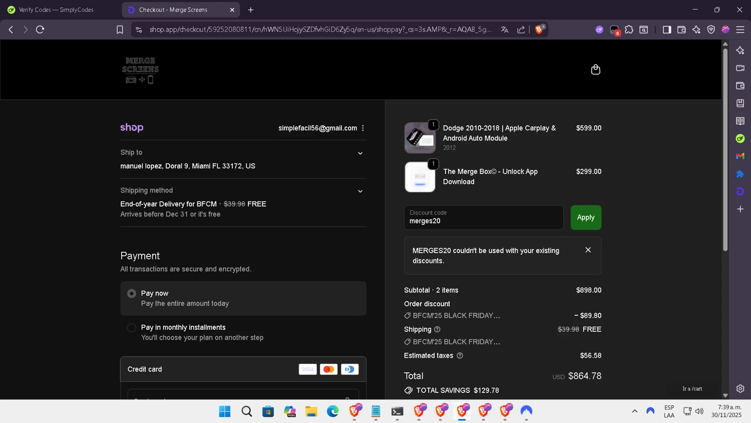 Merge Screens discount code screenshot showing code merges20 applied at Merge Screens checkout page. Uploaded by SimplyCodes community member NobleLegend6162 on Nov 30, 2025