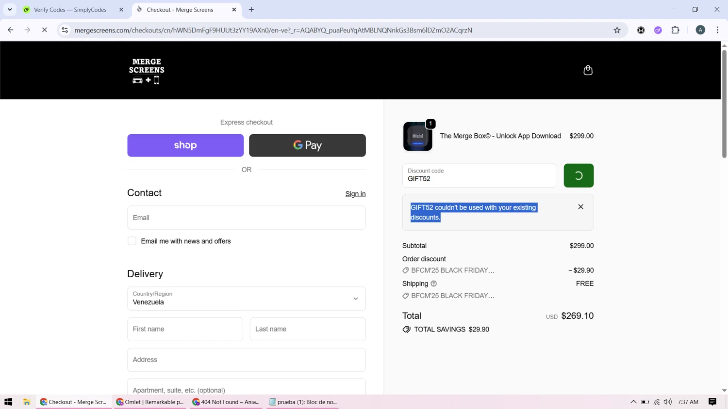 Merge Screens discount code screenshot showing code GIFT52 applied at Merge Screens checkout page. Uploaded by SimplyCodes community member BonusMonarch7015 on Nov 30, 2025