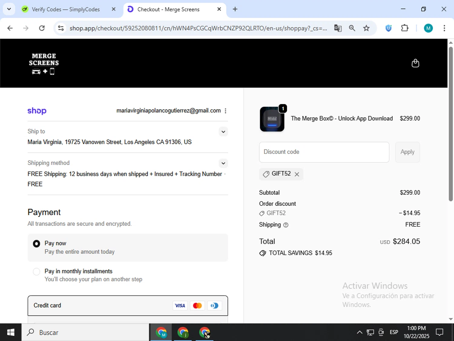 Merge Screens discount code screenshot showing code GIFT52 applied at Merge Screens checkout page. Uploaded by SimplyCodes community member estrellaveloz on Oct 22, 2025