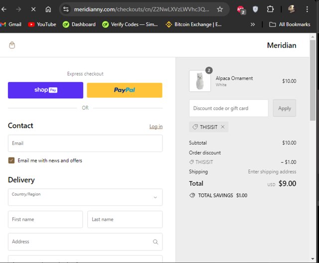 Meridian checkout page showing Meridian promo code box | Screenshot taken by SimplyCodes community member on Aug 5, 2024