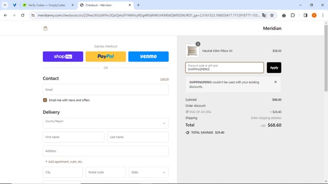 Meridian checkout page showing Meridian promo code box | Screenshot taken by SimplyCodes community member on Apr 12, 2024