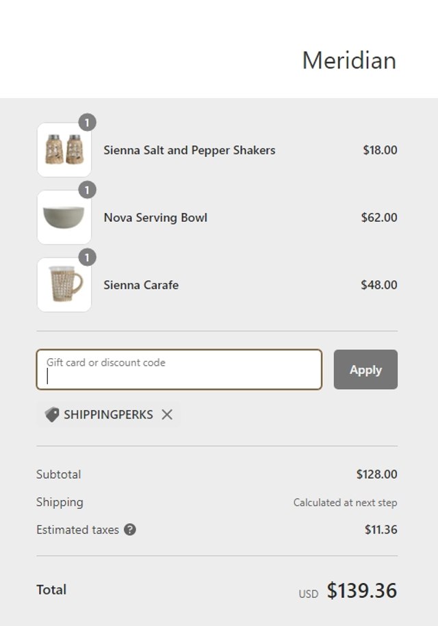 Meridian checkout page showing Meridian promo code box | Screenshot taken by SimplyCodes community member on Mar 9, 2023
