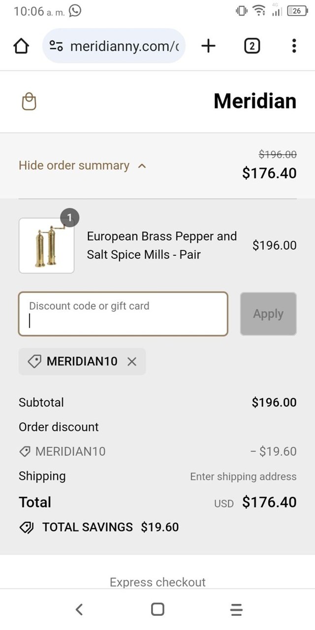 Meridian checkout page showing Meridian promo code box | Screenshot taken by SimplyCodes community member on Jan 1, 2024