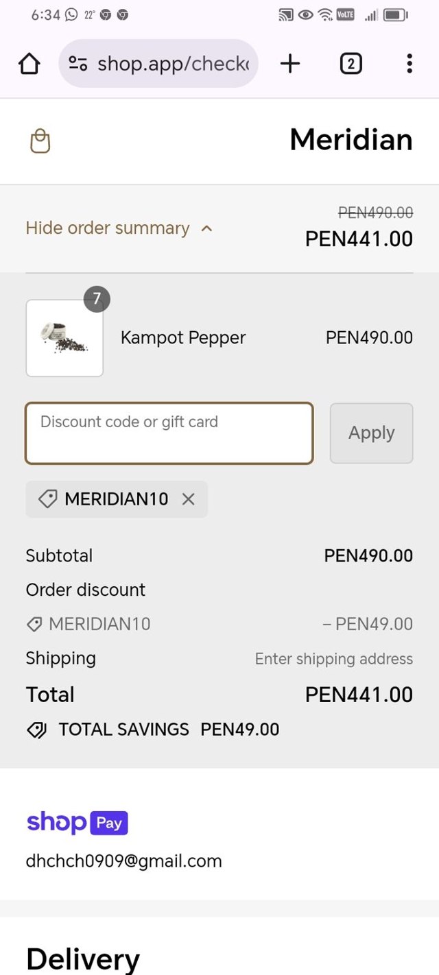 Meridian checkout page showing Meridian promo code box | Screenshot taken by SimplyCodes community member on Jan 30, 2024