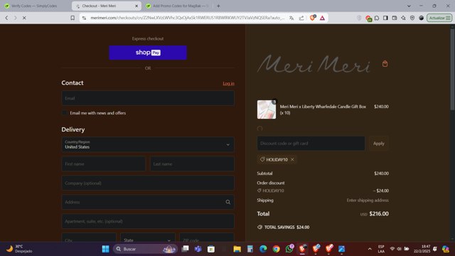 Meri Meri checkout page showing Meri Meri discount code box | Screenshot taken by SimplyCodes community member on Feb 22, 2025