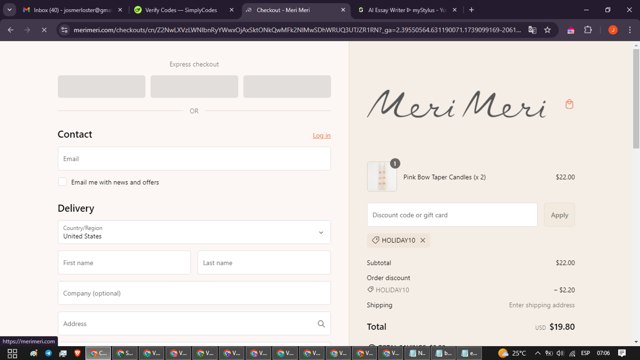 Meri Meri checkout page showing Meri Meri discount code box | Screenshot taken by SimplyCodes community member on Feb 9, 2025