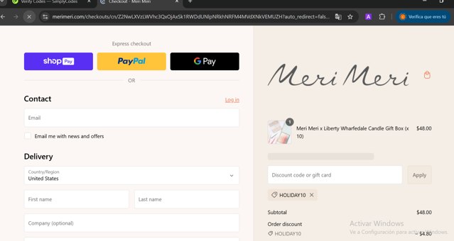 Meri Meri checkout page showing Meri Meri discount code box | Screenshot taken by SimplyCodes community member on Feb 22, 2025