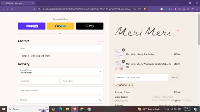 Meri Meri checkout page showing Meri Meri discount code box | Screenshot taken by SimplyCodes community member on Feb 13, 2025
