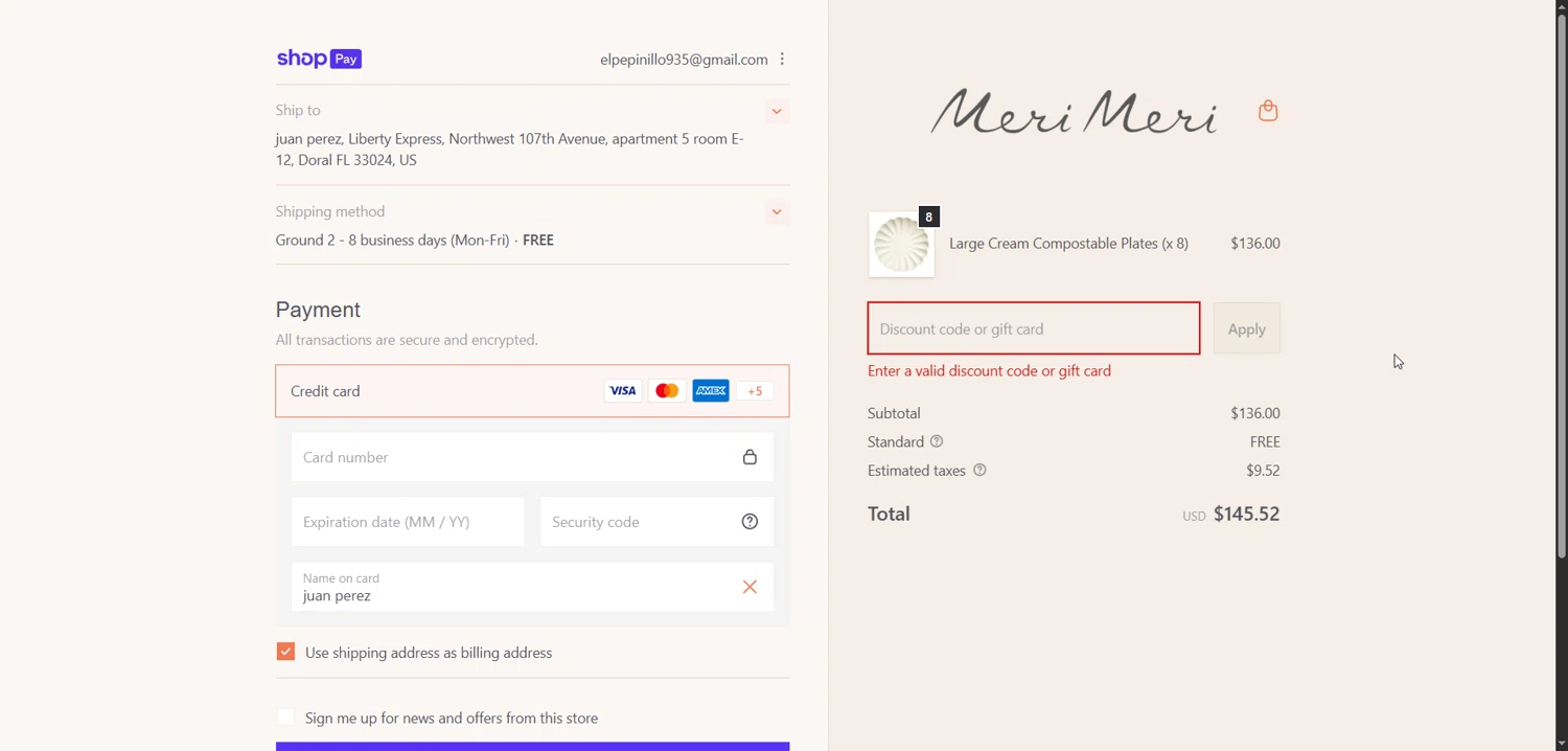 Meri Meri promo code screenshot showing code SURVT41VQFD44 applied at Meri Meri checkout page. Uploaded by SimplyCodes community member Enmanuel99 on Jan 7, 2026