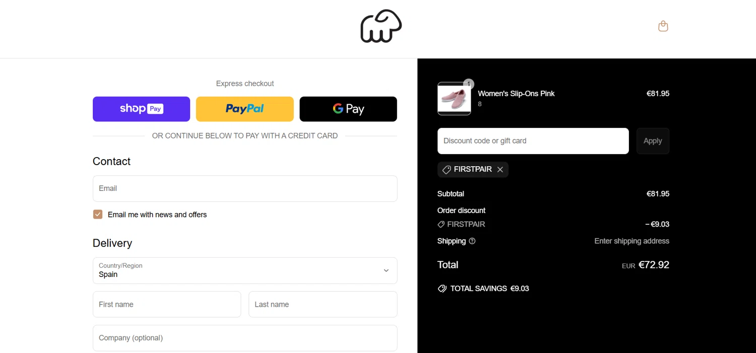 Merinos coupon code screenshot showing code FIRSTPAIR applied at Merinos checkout page. Uploaded by SimplyCodes community member PromoPioneer5927 on May 9, 2025