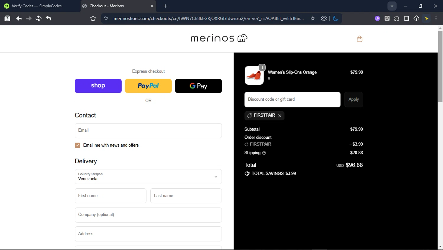 Merinos coupon code screenshot showing code FIRSTPAIR applied at Merinos checkout page. Uploaded by SimplyCodes community member userrandon on Jan 4, 2026